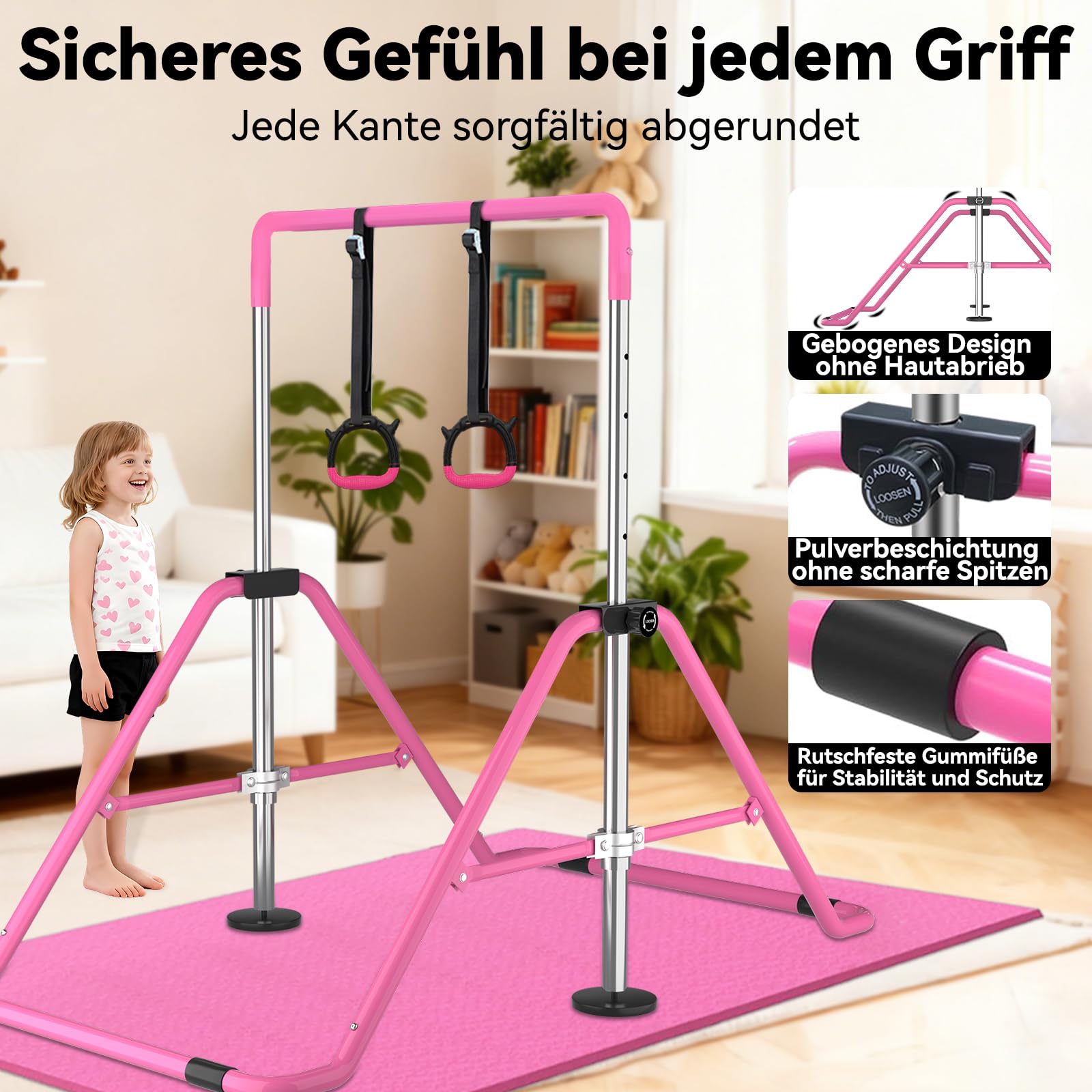 WATBKHE Gymnastikstange, verstellbare und Faltbare Reckstange mit Ringen, Gymnastics Bars Turnreck, erweiterbare Turnstange für Heimtraining, Reckstange Kinder für Indoor & Outdoor, mit Matte