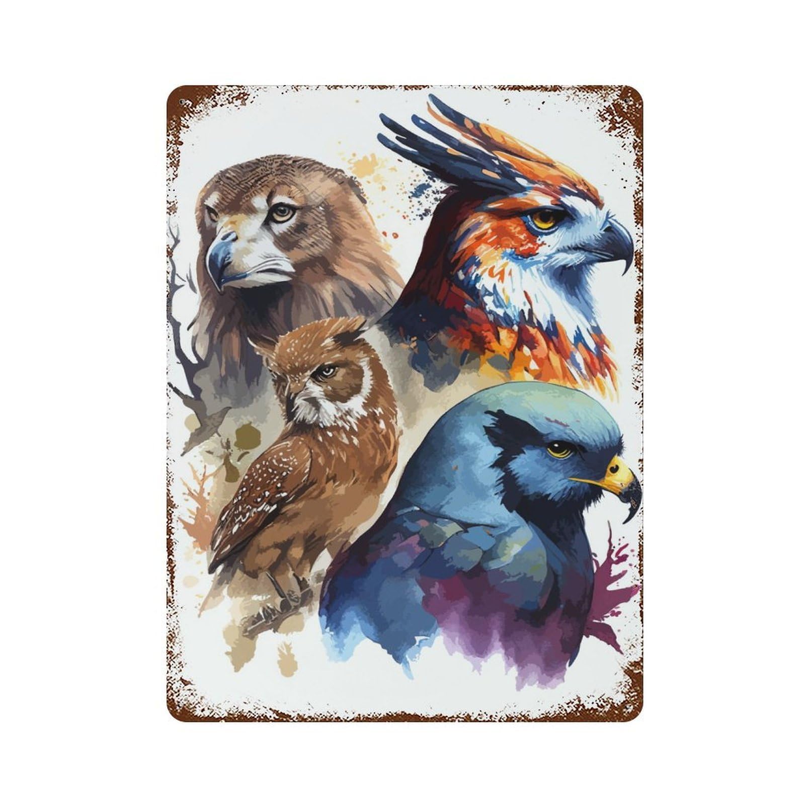 4 Birds Heads Watercolor Rusty Metal Tin Sign 15.7"x11.8", for Basement, Hobby Room And Garage Decor, Retro Wall Decor