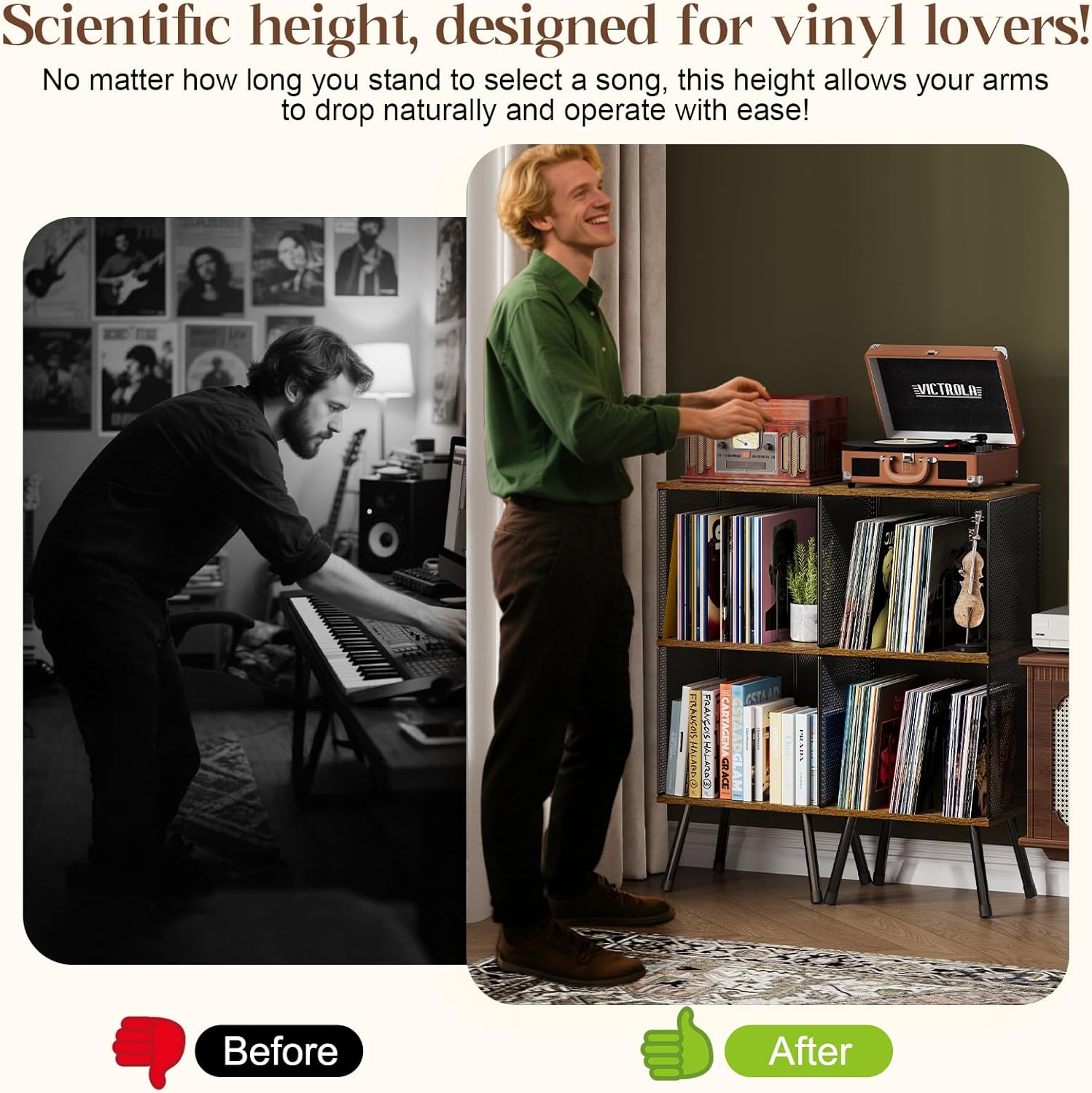 X-cosrack 3-Tier Record Player Stand, Turntable Stand with Storage up to 200 Albums, Corner Vinyl Record Holder with Adjustable Divider, Mid-Century Record Table Vinyl Storage for Bedroom Living Room