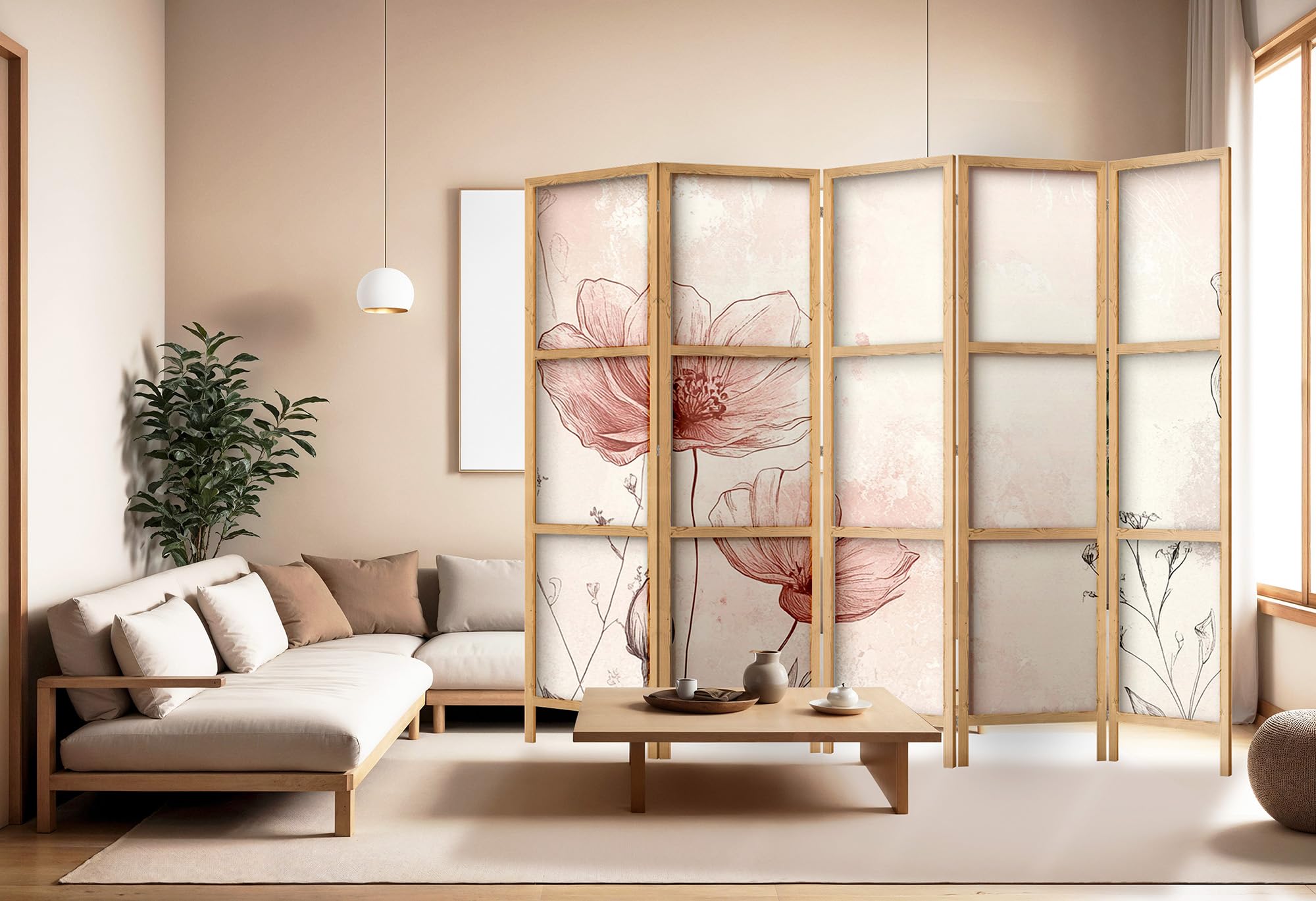 paravent en Bois 5 Panneaux 225 x 172 cm, Style Oriental, cloison décorative intérieure