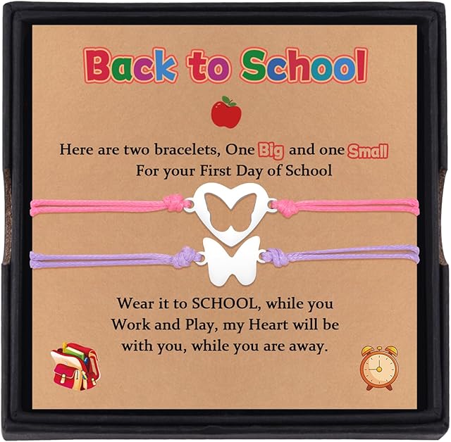 YELUWA 2 Pcs Back to School Bracelet Gifts, Lovely Charm Bracelets Set for Mother and Daughter/Son, Adjustable First Day of School Bracelet Pre-K Kindergarten Gifts for Girls Boy, Mommy and Me Jewelry