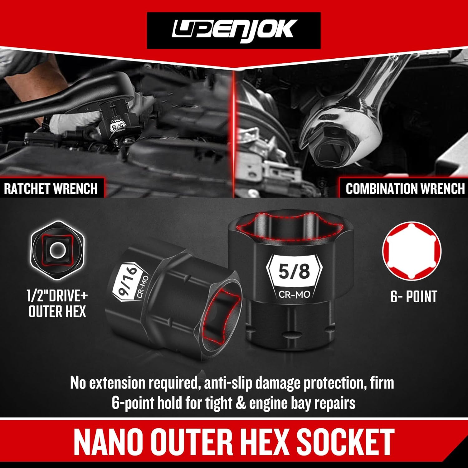 ZHAX 9-Piece 3/8" Drive SAE Low Profile Nano Impact Socket Set 1/4"-3/4", Cr-Mo,6-Point,Stubby Socket Set for Tight Spaces