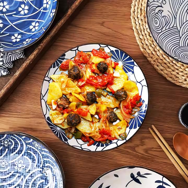 Image of 6-Piece Ceramic Dinner Set, 2 Plates & 4 Bowls, Microwave Safe, Dishwasher Safe, Floral Dinnerware (Blue White Floral, 2 Plate & 4 Bowl Set)
