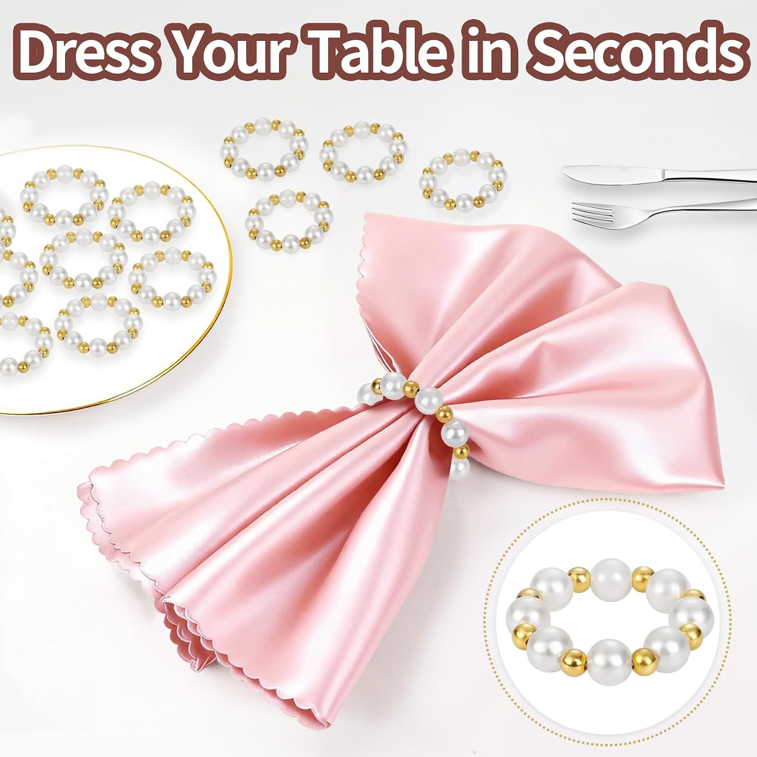 Pearl Napkin Rings Set of 12, Handmade Imitation Pearl Napkin Rings, Napkin Holder Tabletop Decor for Dinning Table Setting, Party, Wedding, Family Gatherings (Gold)