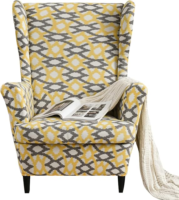 SHANNA Soft Stretch Wingback Chair Sofa Slipcover Armchair Cover Furniture Protector Couch Soft Silver (Spandex/Geometry Yellow)