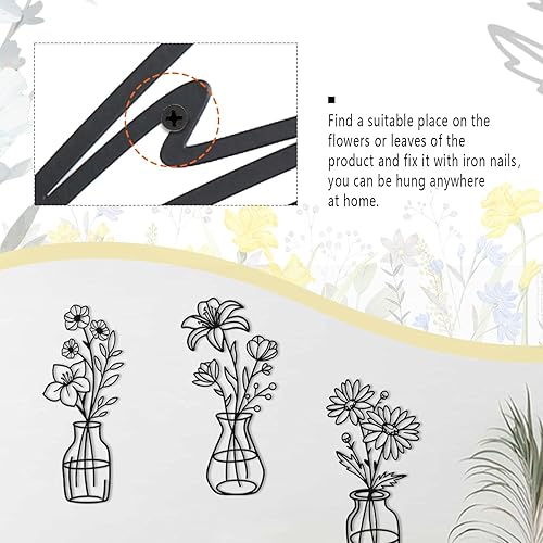Miniatura 3 de OYEFLY 3 piezas de arte de pared de flores de metal, arte de pared de jarrón de metal negro, decoración rústica de granja (negro)