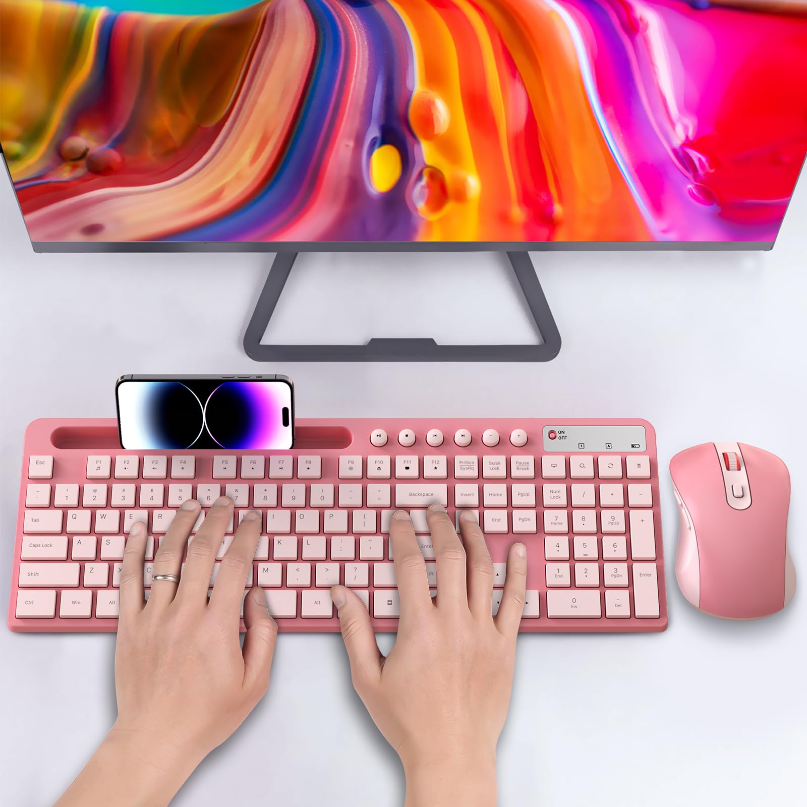 Wireless Keyboard and Mouse Combo, MARVO 2.4G Ergonomic Wireless Computer Keyboard with Phone Tablet Holder, Silent Mouse with 6 Button, Compatible with MacBook, Windows (Sakura Pink)