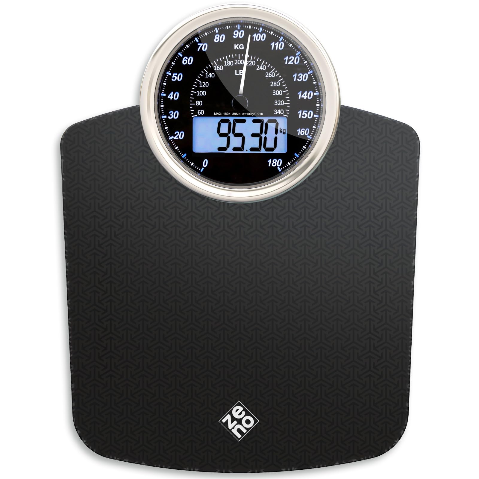 ZENO Bilancia Pesapersone Ibrida - NUOVO - Digitale & Analogica 2-in-1 - Fino a 180 kg - Ampio Display con Retroilluminazione - Robusto Vetro Temperato - Lettura Facile - Nova Nera