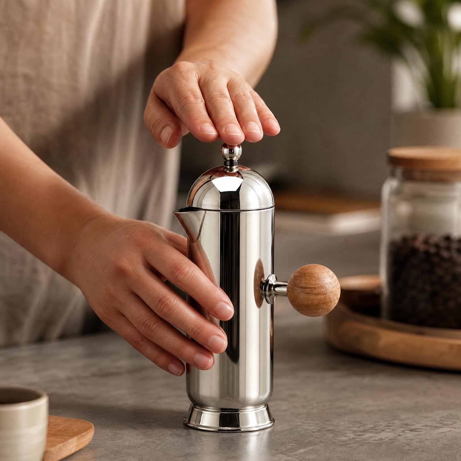Milageto Cafetera Émbolo Francesa | Acabado Espejo, Cafetera émbolo con Mango Madera, Compacta, para Oficina, L