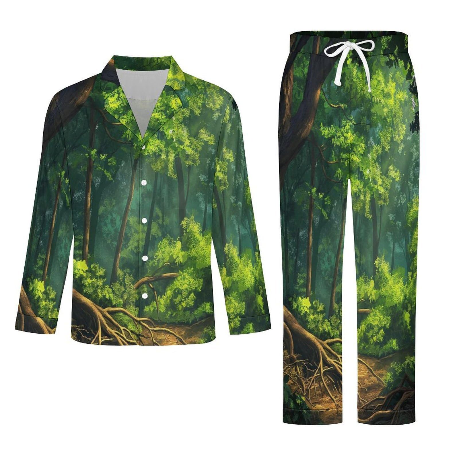 OLEETS Completo Pigiama da Uomo - Paesaggio Forestale Top E Pantaloni in 2 Pezzi Pigiama Casual E Ampio A Maniche Lunghe Morbido Autunnale E Invernale.
