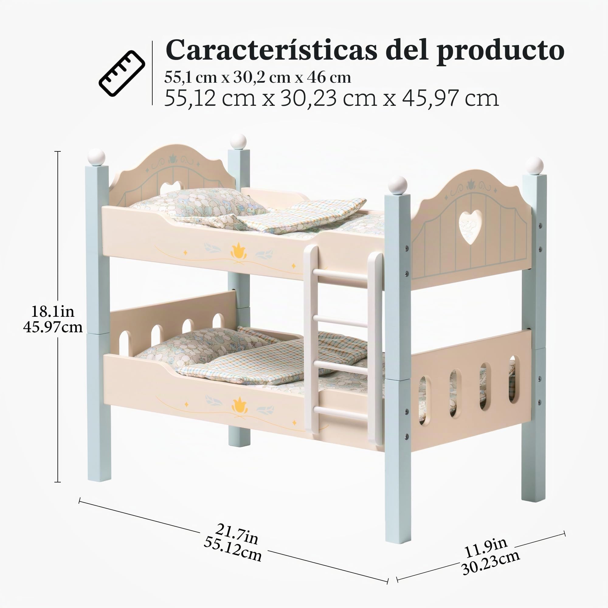 ROBOTIME Cuna convertible con escalera para muñecas, ropa de cama y accesorios para cuna apilable de 18 pulgadas, regalo para niños, azul