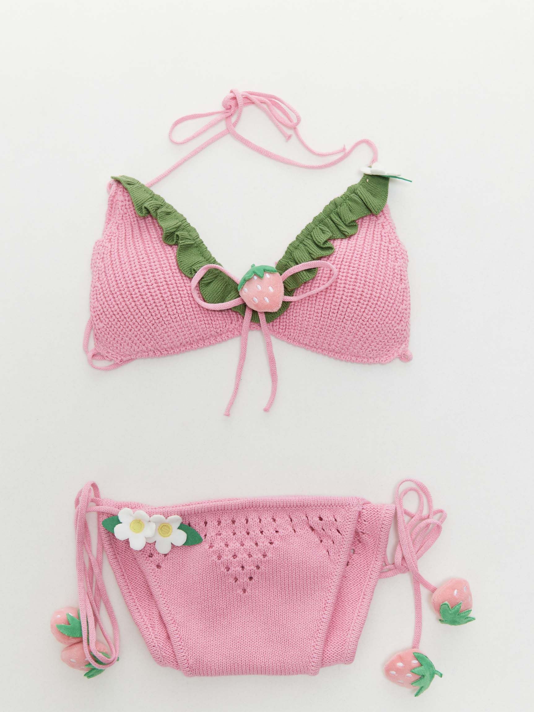 haikyuu Women Strawberry Bikini Crochet Swimsuit Tie Side Two Piece Bathing Suit Halter Triangle Cute Swimwear: Standard Large Pink