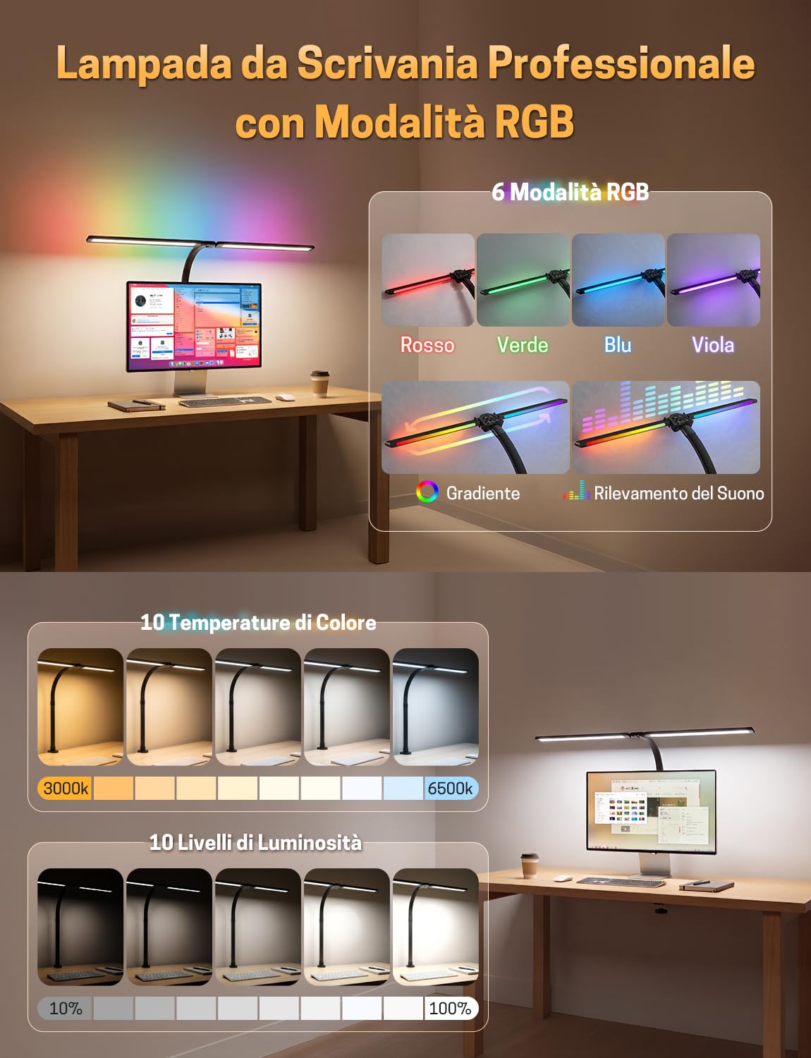 Lampada da Scrivania RGB 22W 1800LM Dimmerabile con Base Metallica