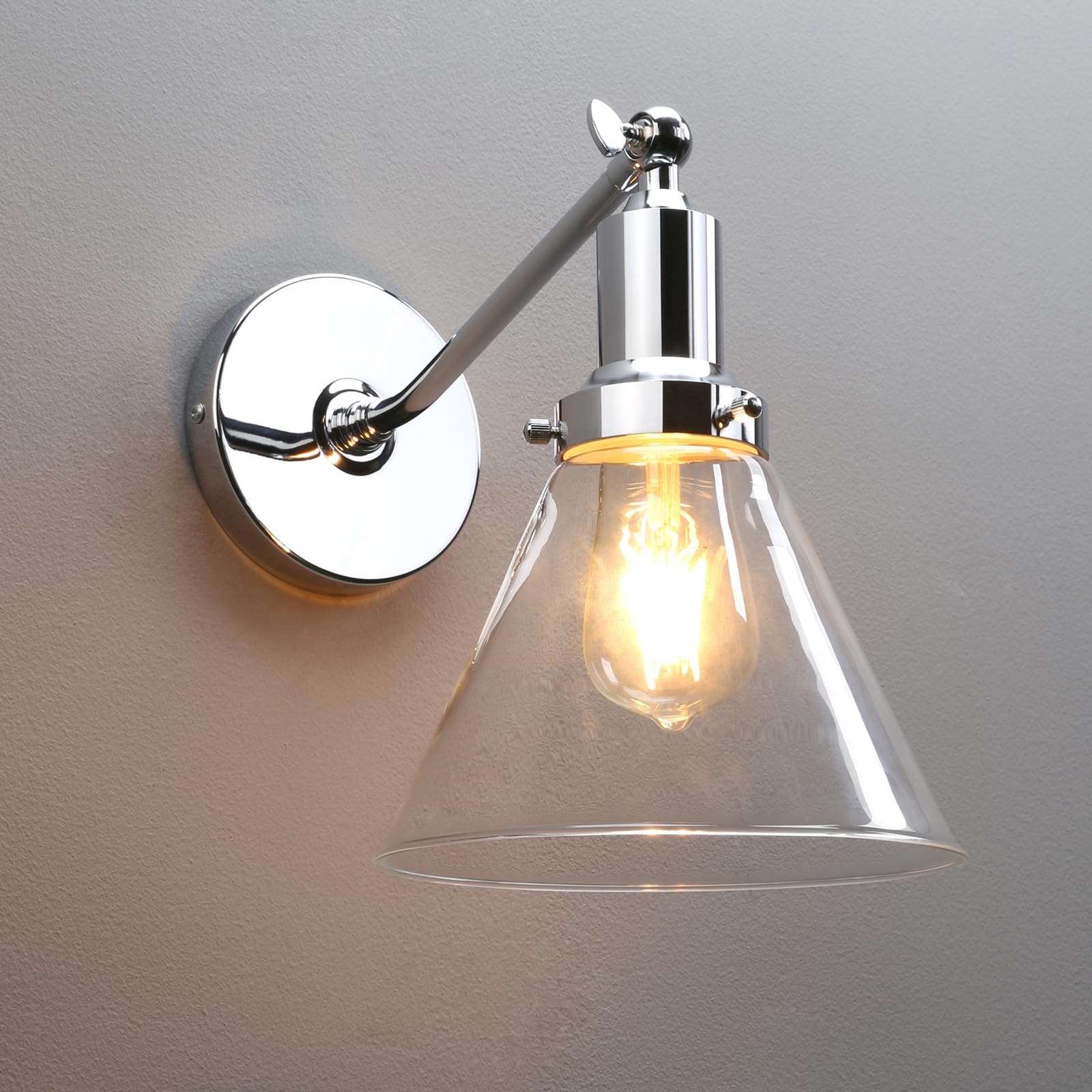 PERMO Industrial Vintage Slope Pole Wall Mount Single Sconce with Funnel Flared Clear Glass Shade Wall Sconce Light Lamp Fixture (Chrome)