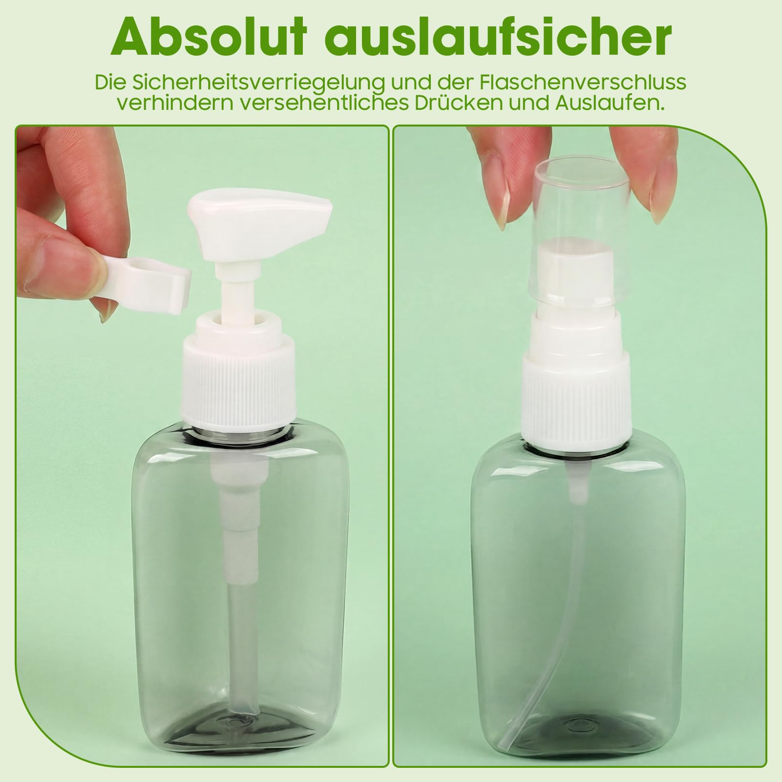 4-in-1 Reisespender zum Befüllen, 4 x 50 ml Reiseflaschen im Hartschalen-Etui, inkl. 3 Pumpspender + 1 Sprühflasche + 1 Trichter + Etiketten, auslaufsicher, ideal für Flugzeug-Handgepäck (Grau) - 4