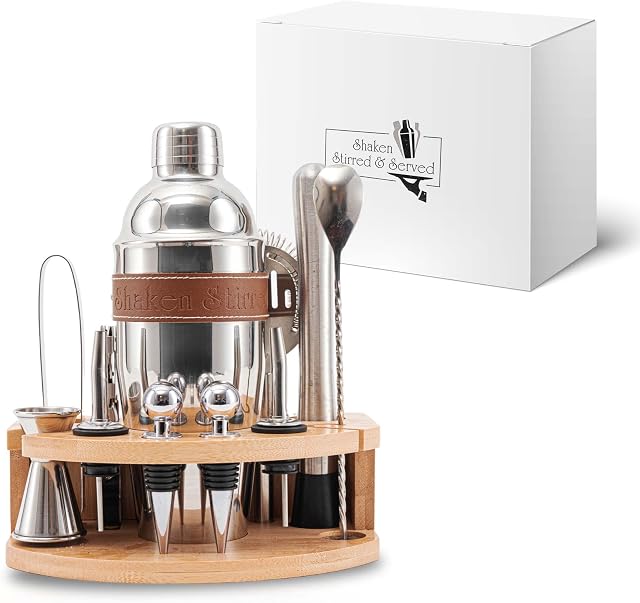 Shaken Stirred & Served® - Cocktail Shaker Set  With Equestrian Inspired Leather Strap  Equipped With Cocktail Recipe Book  Traditional Wooden Stand - Easy to Use