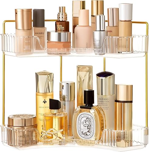 HBlife Organizador de baño de esquina de 2 niveles, organizador de maquillaje, bandeja de perfume para almacenamiento de cuidado de la piel para