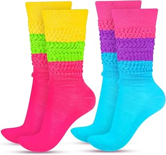 JenPen 2 Pairs Neon Slouch Socks for Women, 80s 90s Scrunch Knee High Socks For 80s 90s Party Extra Long
