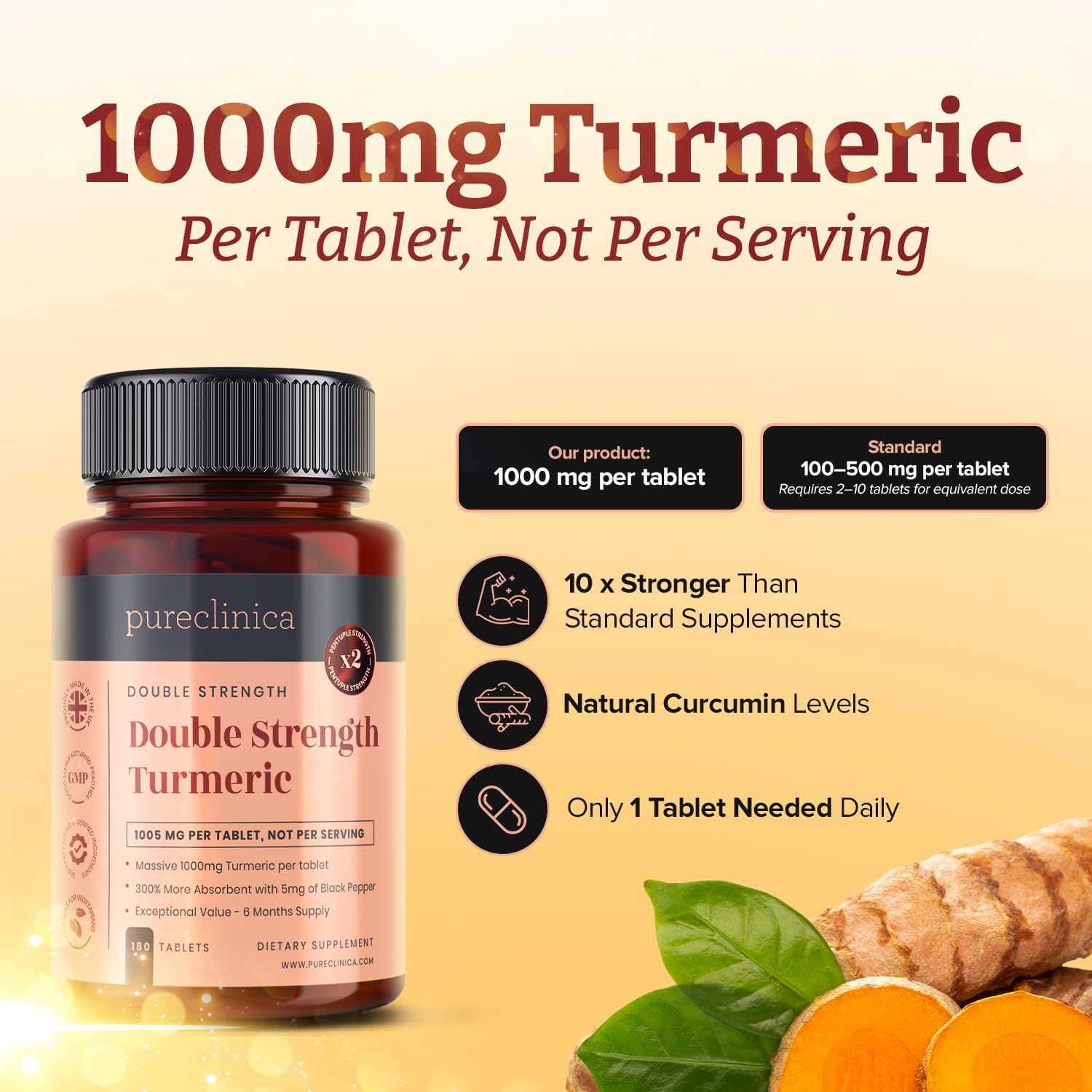 Double Strength Turmeric - Massive 1000mg x 180 Tablets - 200% More Turmeric and Natural Levels of the Potent Curcumin per Tablet - with 5mg Black Pepper Extract for 300% Increased Absorption