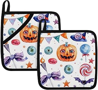 Set of 2 Halloween Elements in Cartoon Style 1 Pot Holders Kitchen Decorative Heat Resistant Potholder Hot Pads for Cooking Baking Microwave Oven End Dishes BBQ Holiday Decors