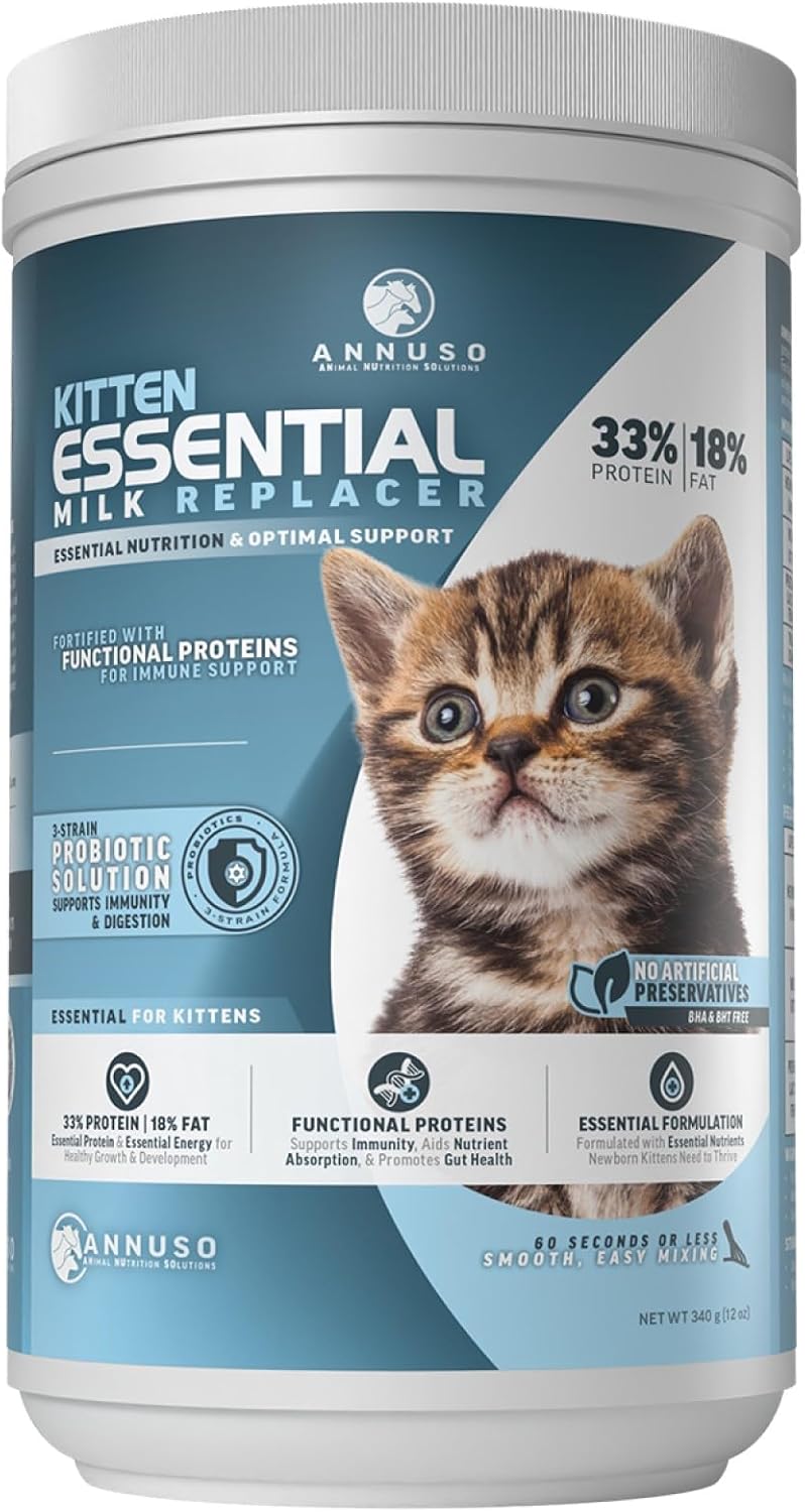 ANNUSO Kitten Essential Milk Replacer, 12oz - 33% Protein & 18% Fat - Complete Nutrition with Probiotics and Key Nutrients, Supports Immunity & Digestion - Easy-Mix Powder