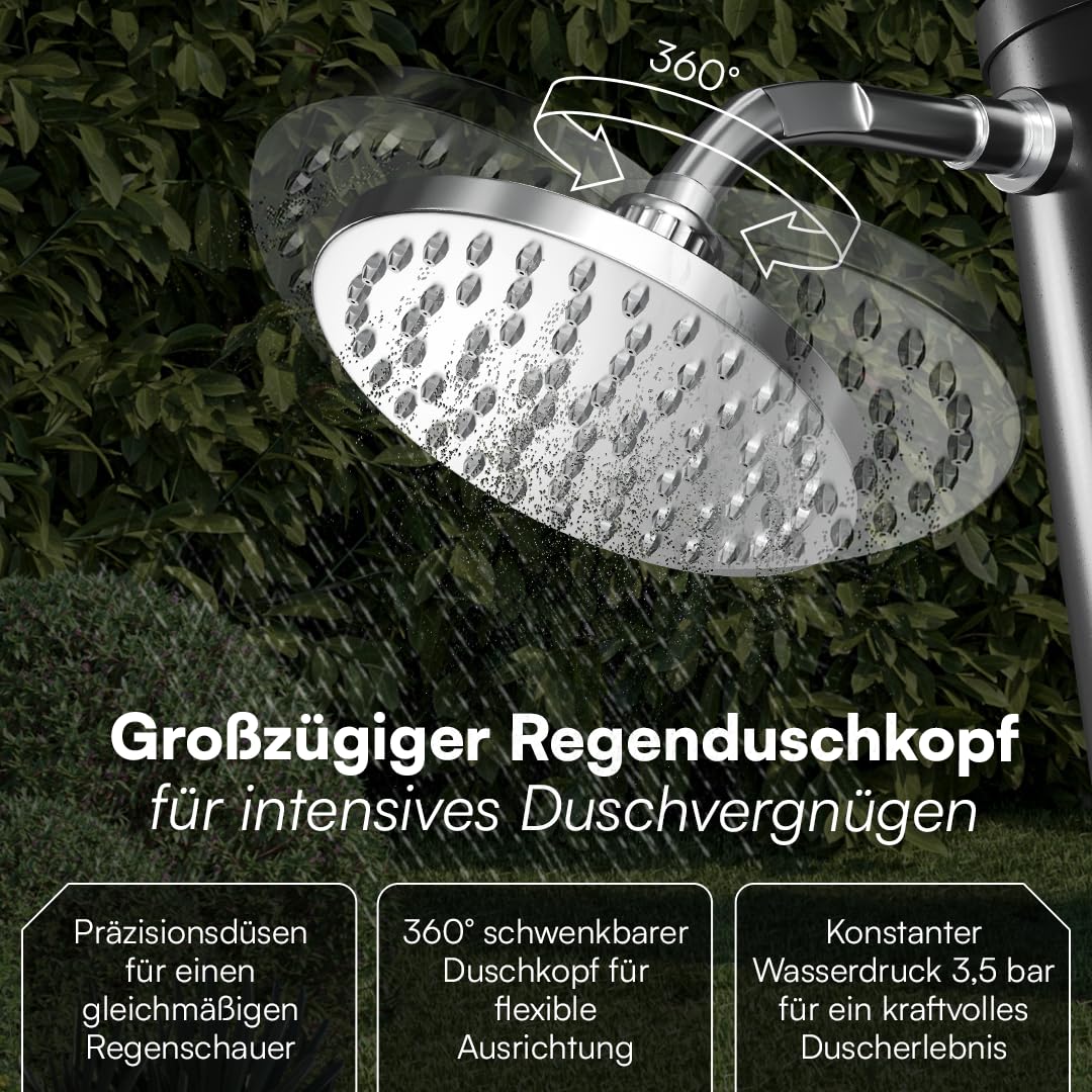 STEELSØN Velion Solardusche Garten 20 L – Solar Gartendusche Winterfest – Außendusche 60° schwarz – Pooldusche mit Fußdusche & Regenduschkopf – Campingdusche inkl. Gartenschlauch-Anschluss & Cover