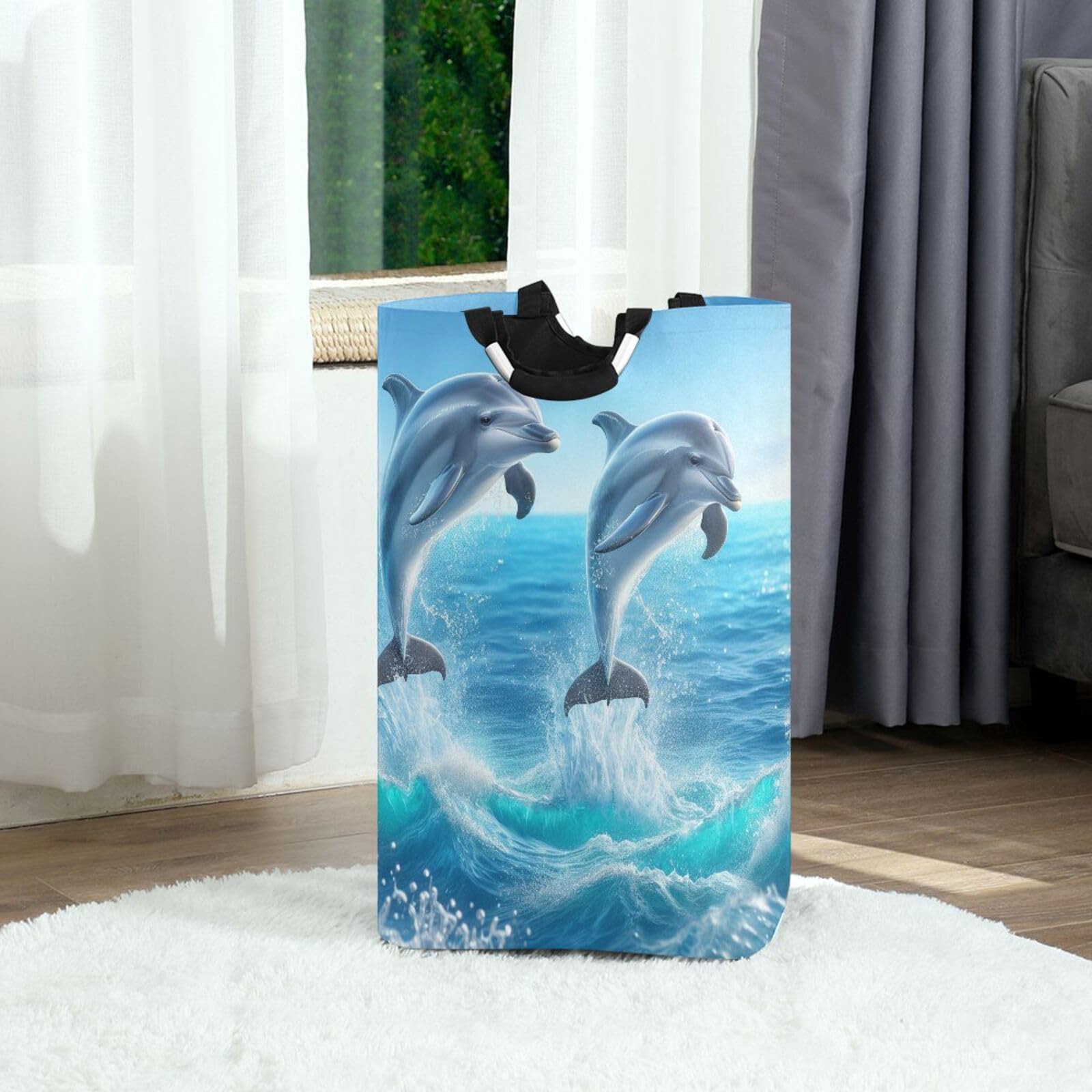 Jihqo Laundry Hamper Basket Sea Jumping Dolphins Collapsible Nursery Storage Bin Waterproof Clothing Baskets for Home Bedroom Bathroom Washing Room