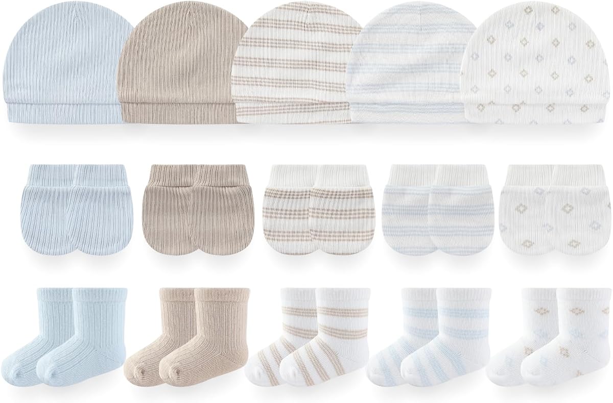 BIGBIGKISS Infant Baby Girl Boy Hats Mittens and Soft Socks Set 0-6 Months | 100% Cotton, Infant Caps, Newborn Soft Gloves