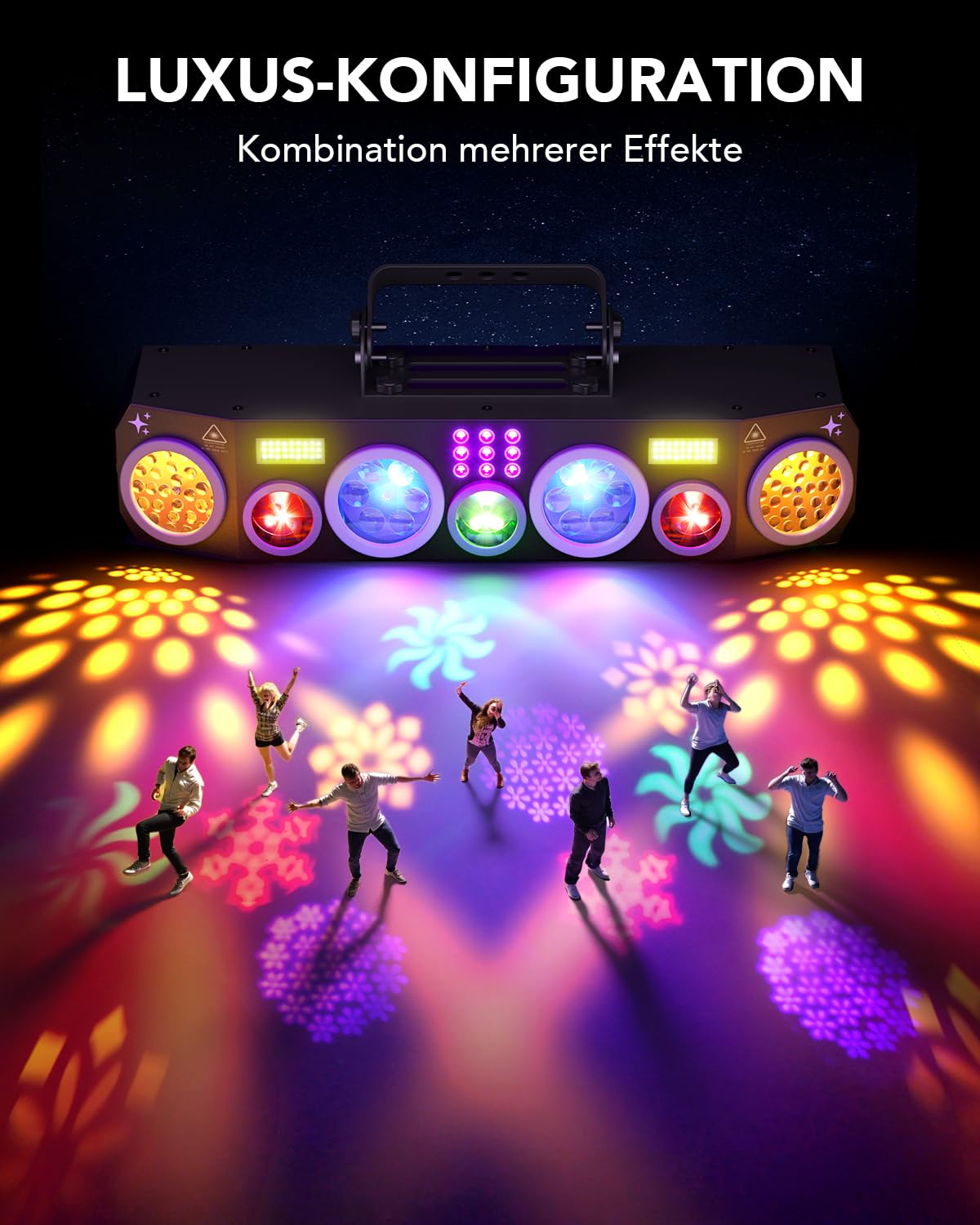KeoBin All-in-One Schneeflocken Discolicht partylicht mit RGB & UV | Rotierende Muster, Musiksteuerung, Strobe, 3 Soundmodi, 4 Auto-Programme, DMX512, Party, Bar, Club & Weihnachtsdeko