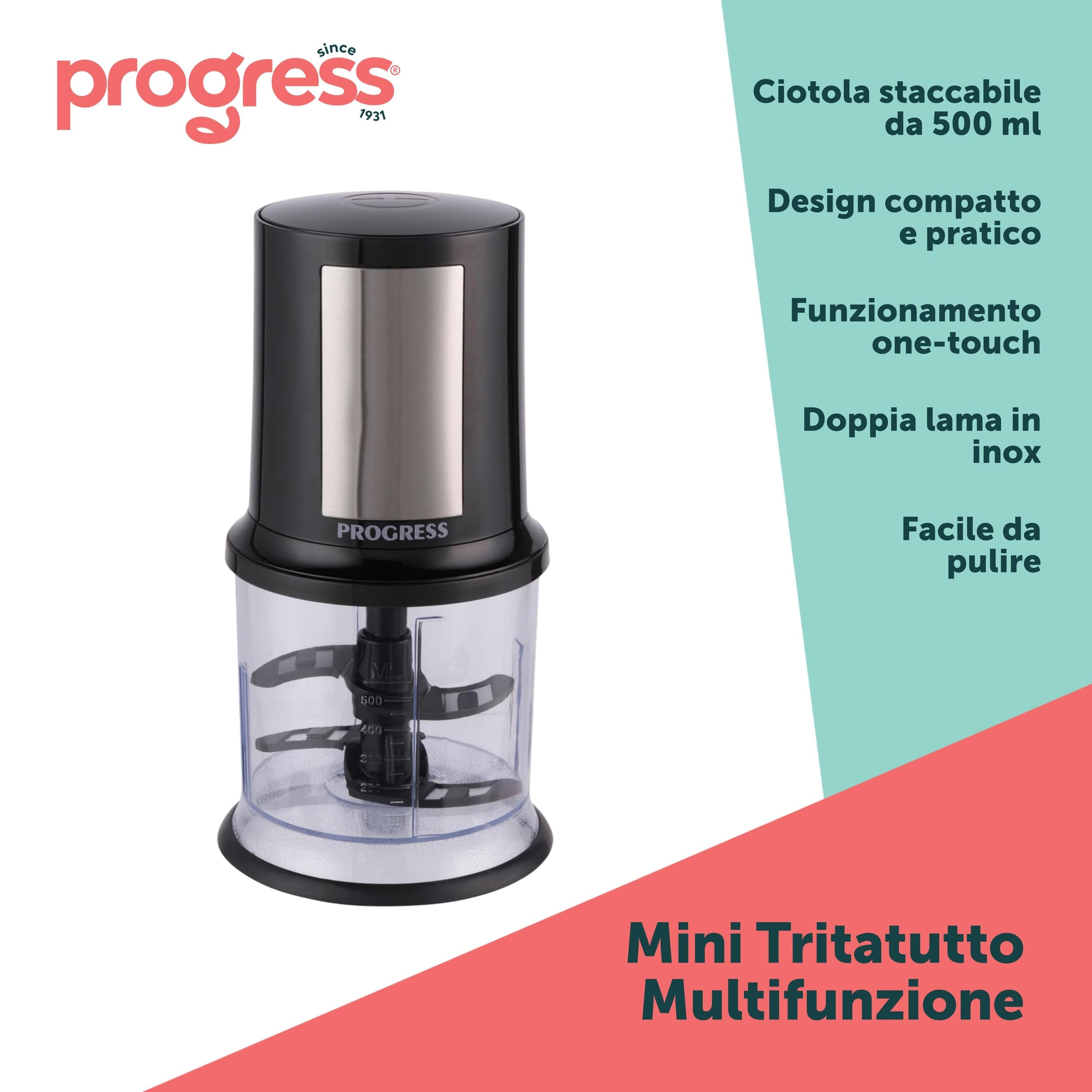 Progress EK5879P Tritatutto elettrico – Robot da cucina compatto, ciotola per tritare da 500 ml, tritaverdure multifunzione, doppia lama staccabile in acciaio inossidabile, funzionamento one-touch
