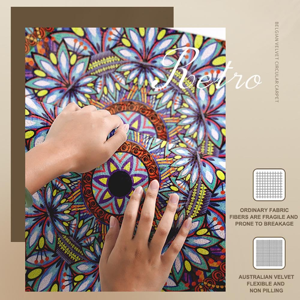 Tapis Rond Salon, Moderne Boho Mandala Imprimé Tapis De Sol Décoration Antidérapant pour Chambre À Coucher, Salon, Cuisine, Décoration D'intérieur,01-140cm