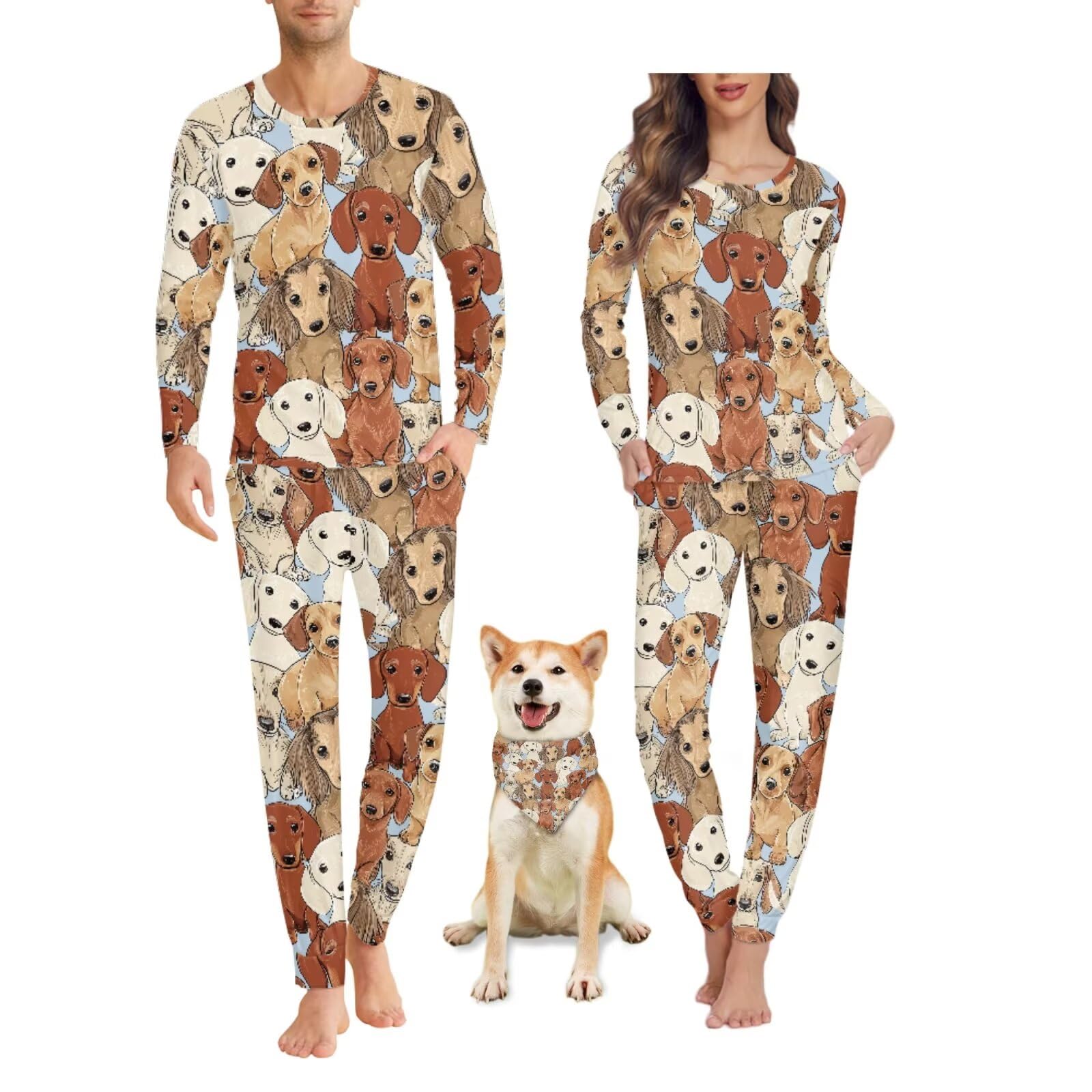 COEQINE Pijamas familiares con bandana para perro, camisones de manga larga para mujer, conjuntos de pijamas a juego, conjunto de descanso para parejas
