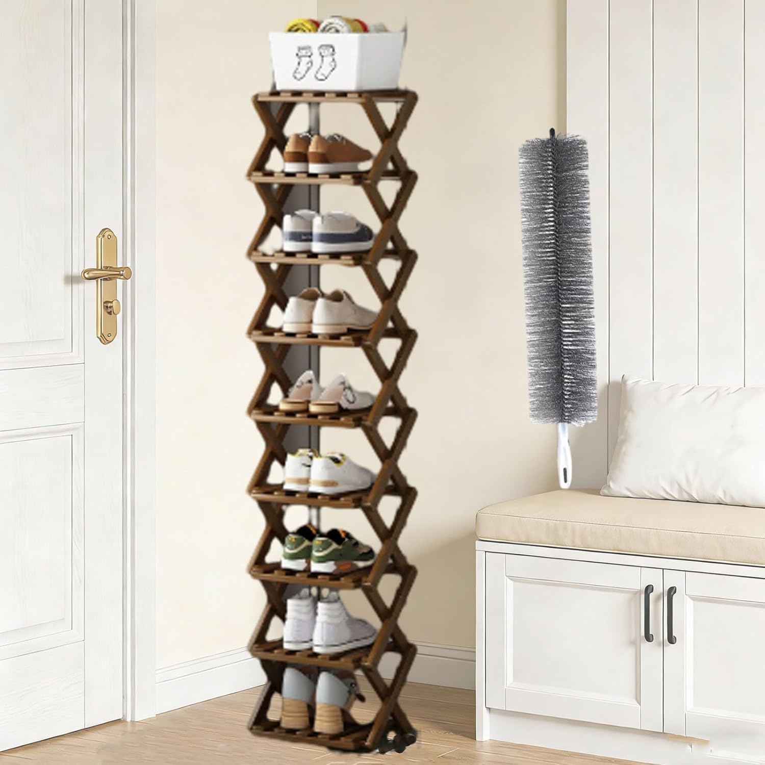 The 9-Tier No-Assembly Bamboo Rack – Foldable Shoe Rack, Collapsible Bamboo Vertical Shoe Organizer Tall for Corridors, Bedrooms and Small Spaces, Sturdy & Stable, Stylish (Brown*9 Tier)