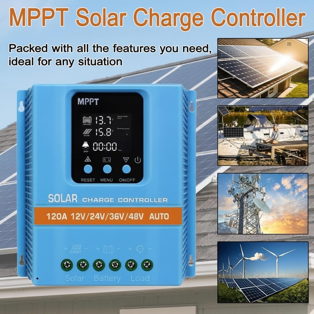 120A Solar Charge Controller 12V 24V 36V 48V Intelligent Recognition LCD Display Battery Intelligent Regulator Maximum 100V Input Dual USB for Lead Acid/Lithium Battery