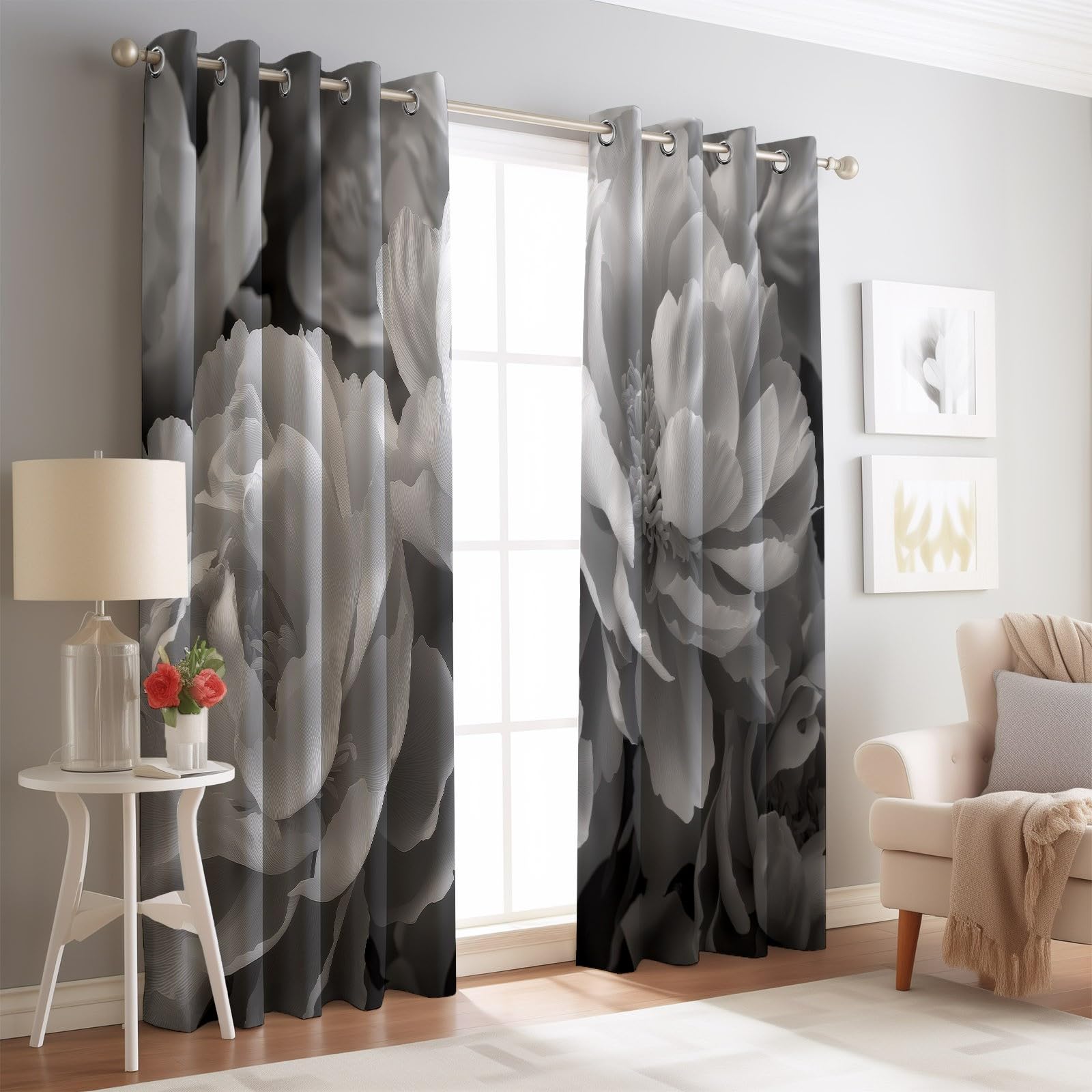 Blütenblätter Verdunklungsvorhänge 2er Set - Vorhang Blickdicht mit Ösen, Thermovorhang Vorhänge Wohnzimmer H214 x B91.5 cm (2er Pack), Grau Lärmschutzvorhang-Gardinen