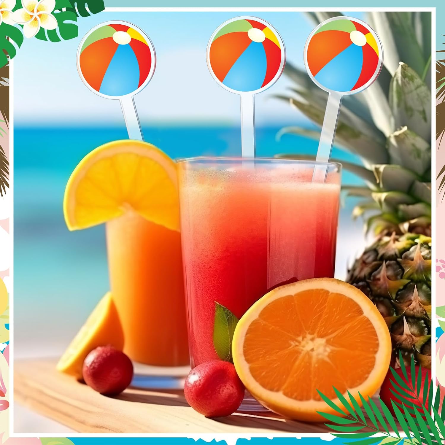 Potchen 30 Pcs Beach Ball Stir Stick 5.91 Inch Plastic Cocktail Stirrers, Colorful Beach Ball Design Drink Stirrers for Sea Parties, Luau, Pool Parties, Tropical Events, Beverage & Craft Supplies