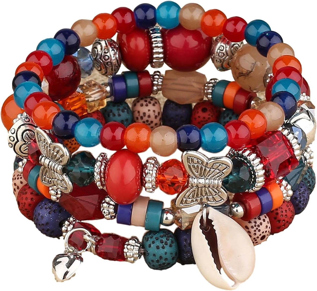 4Pcs Set Bohemian Shell Butterfly Heart Crystal Stone Stretch Pendant Bracelets for Women Beaded Stackable Stretch Bracelet Colorful Charm Jewelry Boho Summer Beach