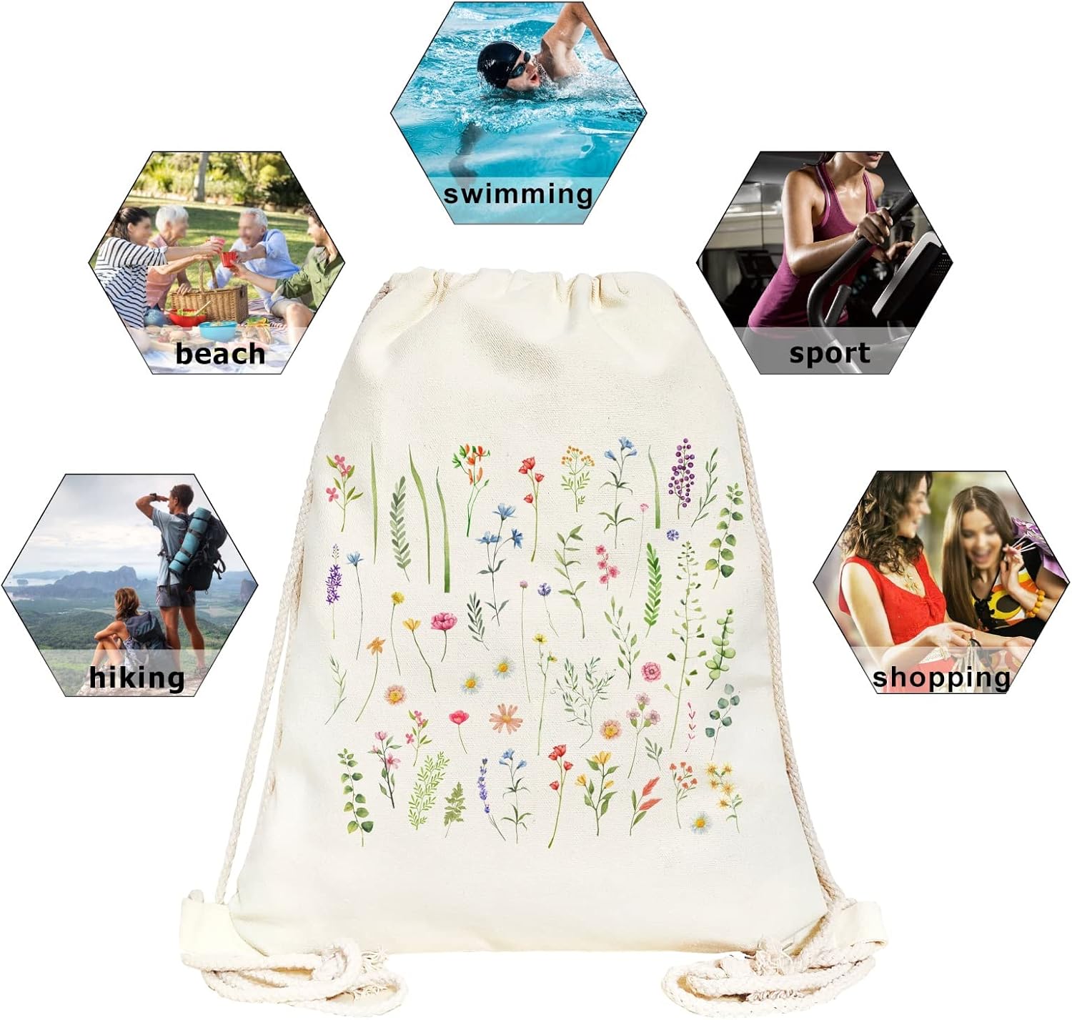 Small Floral Drawstring Backpack - Cute Flower Cotton Canvas Backpack for Women - Gift, Sport, Gym, Beach, Travel - Image 3