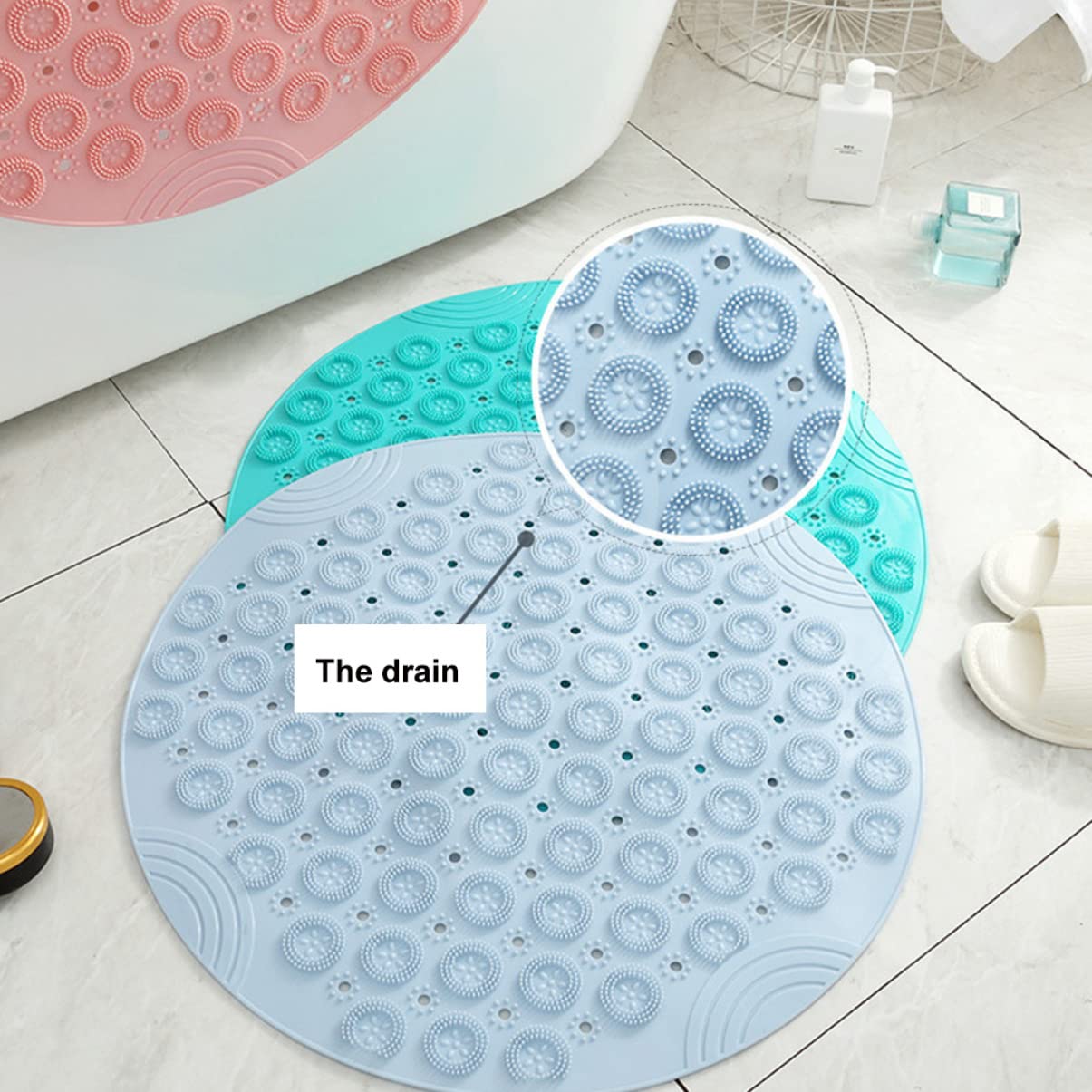 FOMIYES Tappetino Massaggiatore per Piedi Rotondo in Pvc Blu, Ventose Potenti e Funzione Antiscivolo, per Bagno la Doccia