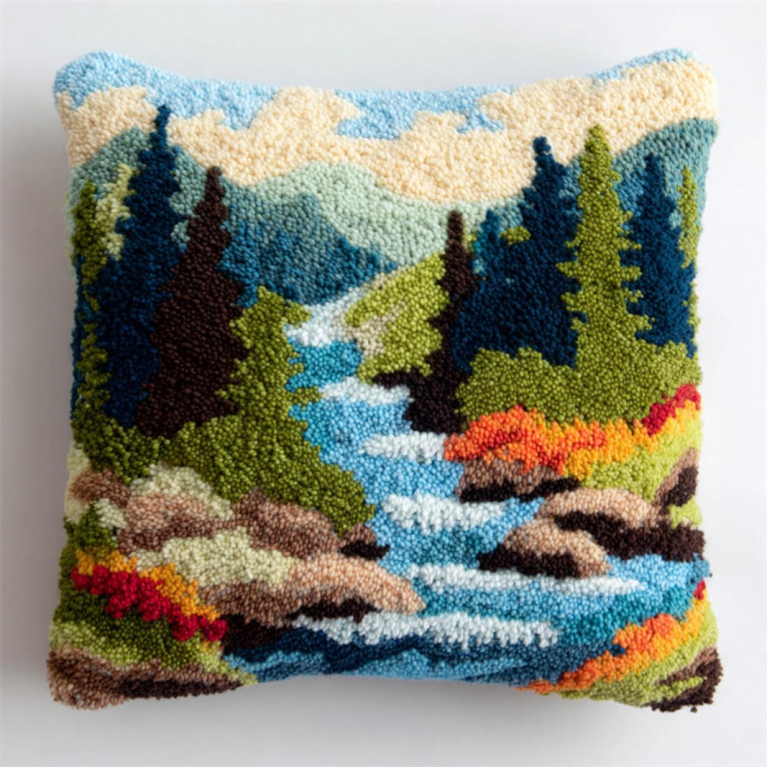 Kitquiver Latch Hook Cushion Craft Kits Forests River Latch Hook Kit Pillow DIY Rug Crochet Hook Cushion Making Kits with Preprinted Pattern Canvas 17x17In