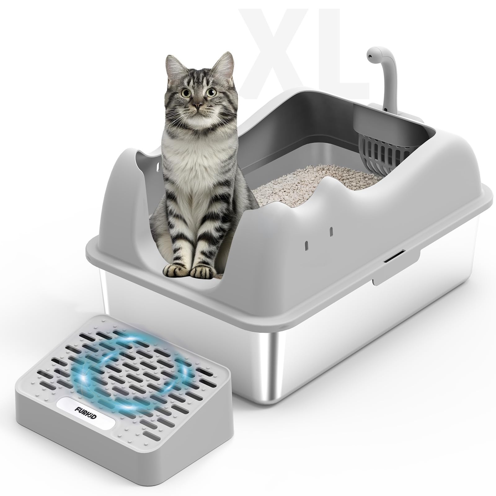 Enclosed Cat Litter Box Stainless Steel with Lid, XL Extra Large Litter Box for Big Cats, Metal High Sided Litter Box with Scoop, Non-Sticky Anti-Leakage Easy Cleaning Gray