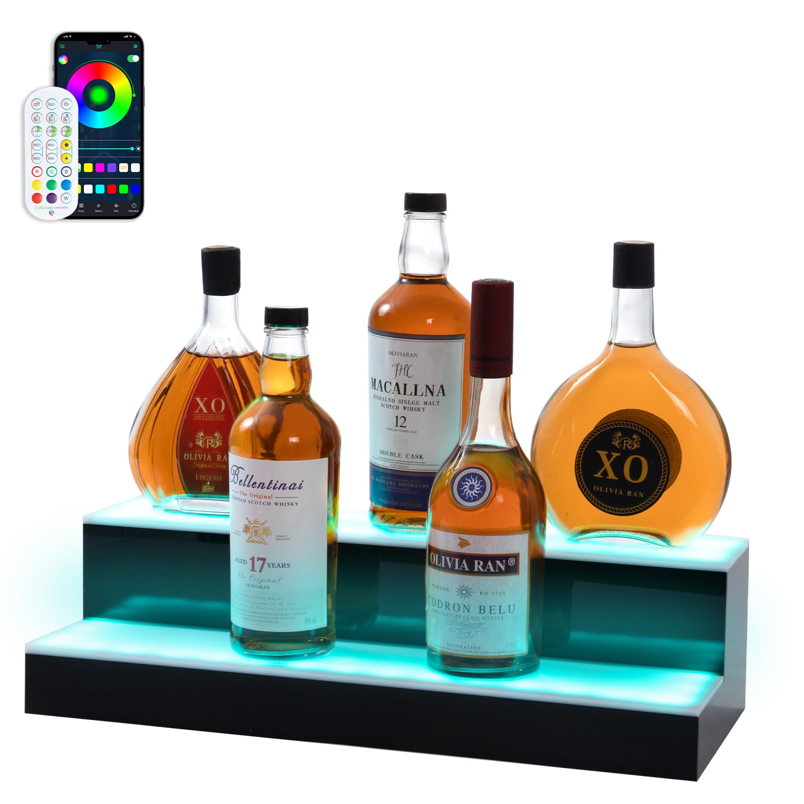 Led Lighted Liquor Bottle Display Shelf, 20 Inch 2 Tier Whiskey Rack, Support USB, Bar Stand with RF Remote & App Control, Illuminated Acrylic Lighting Shelves for Home Bar, Party