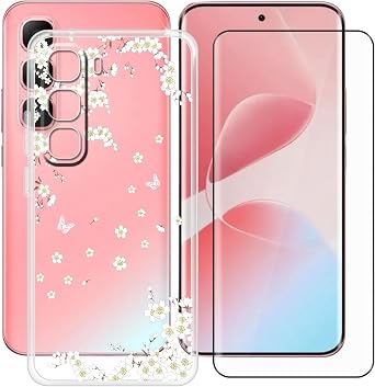 Clear Case for Infinix Hot 60 Pro Plus 6.78" with 1 x Tempered Glass Screen Protector, Slim Soft TPU Shockproof X Anti-Scratch Phone Cover for Infinix Hot 60 Pro Plus - White Flower
