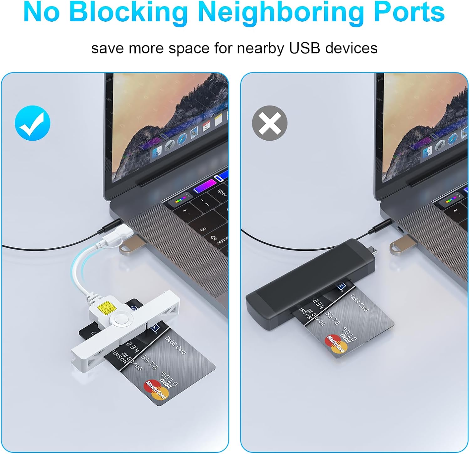Comparison image showing the Rocketek CAC Card Reader's compact design not blocking neighboring USB ports (left) versus a larger card reader that does block ports (right).