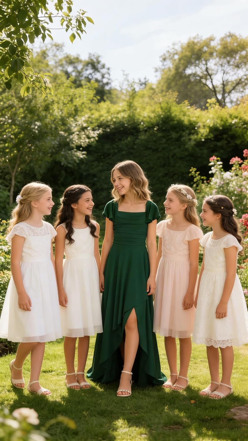 Ouyisha High Low Junior Bridesmaid Dresses Long Chiffon Flower Girl Dresses for Wedding with Ruffles 2026
