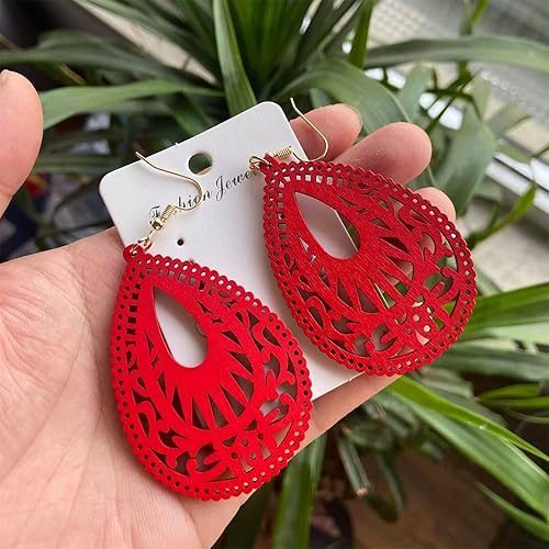 Miniatura 6 de MALOYANVE Aretes de madera bohemios para mujer, hechos a mano, naturales, retro, ligeros, con forma de lágrima, geométricos, huecos, de madera