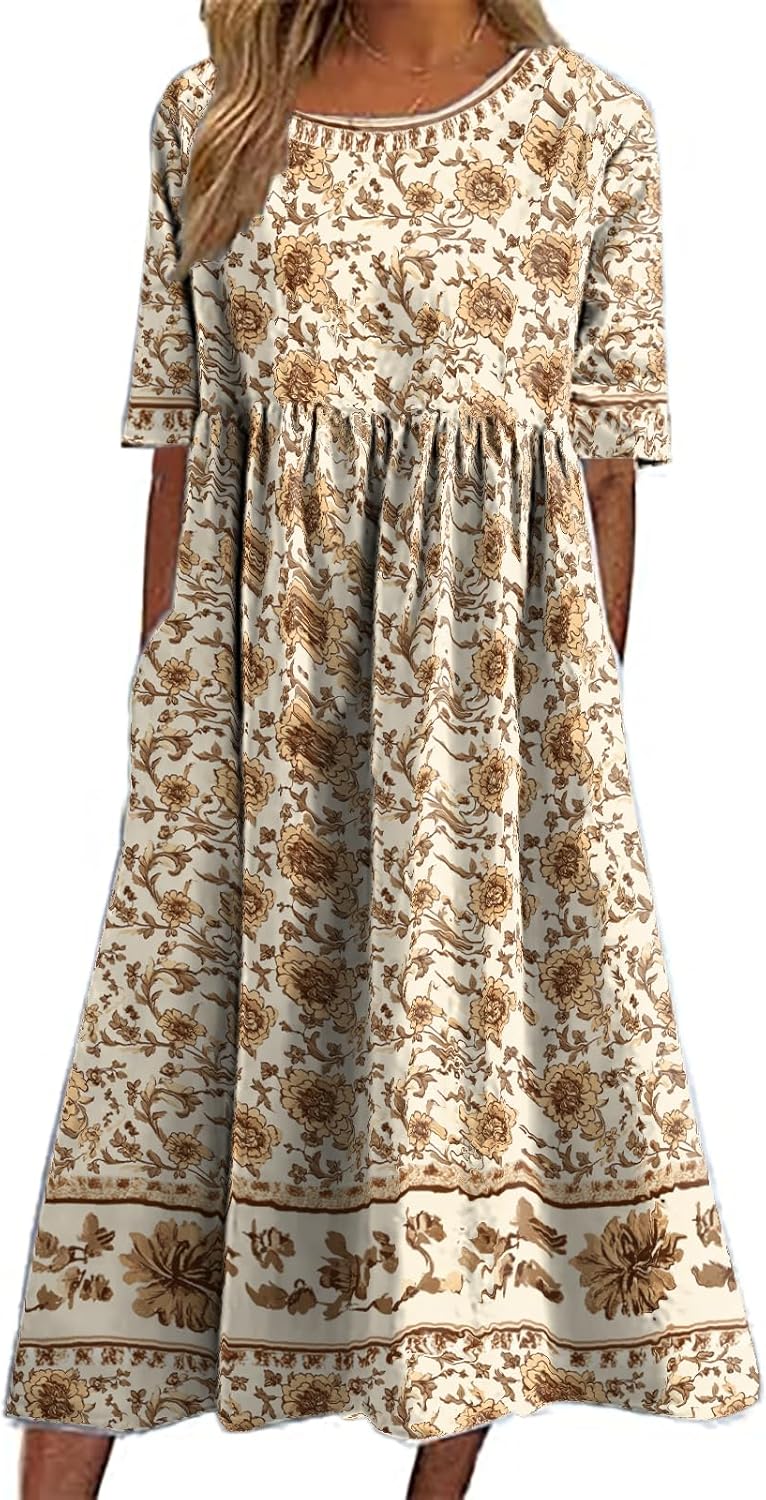 Boho Dresses for Women 2025 Floral Hawaiian Casual Summer Empire Waist Short Sleeve...