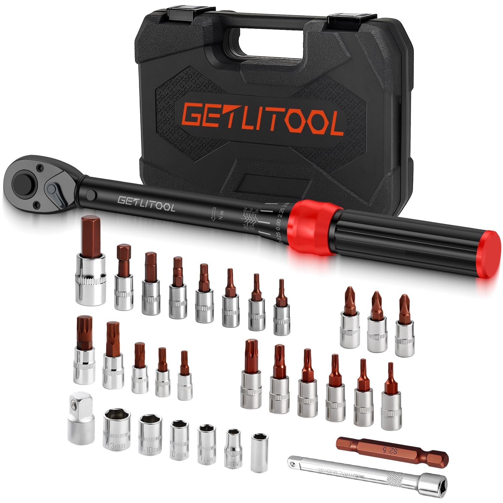 GETLITOOL 32 szt. zestaw kluczy dynamometrycznych 1/4" z 72 zębami, 5-25 Nm, stal CR-MO, z sześciokątnymi końcówkami torx Phillips XZN, kompasami, adapterami i walizką do roweru motocyklowego, funkcja