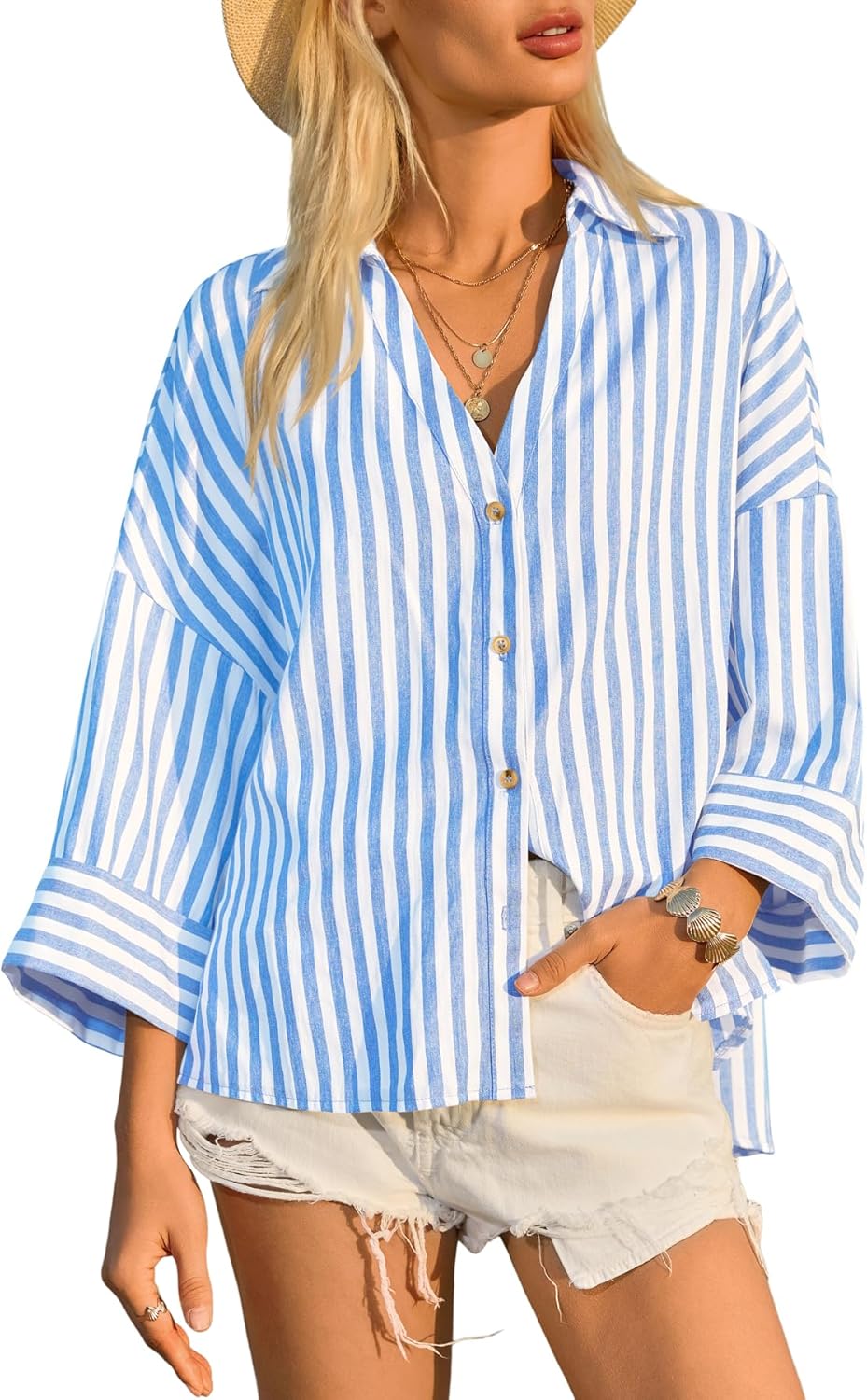 Cicy Bell Womens 3/4 Sleeve Striped Button Down Shirts Summer V Neck Tops Casual Loose Fit Work Blouse