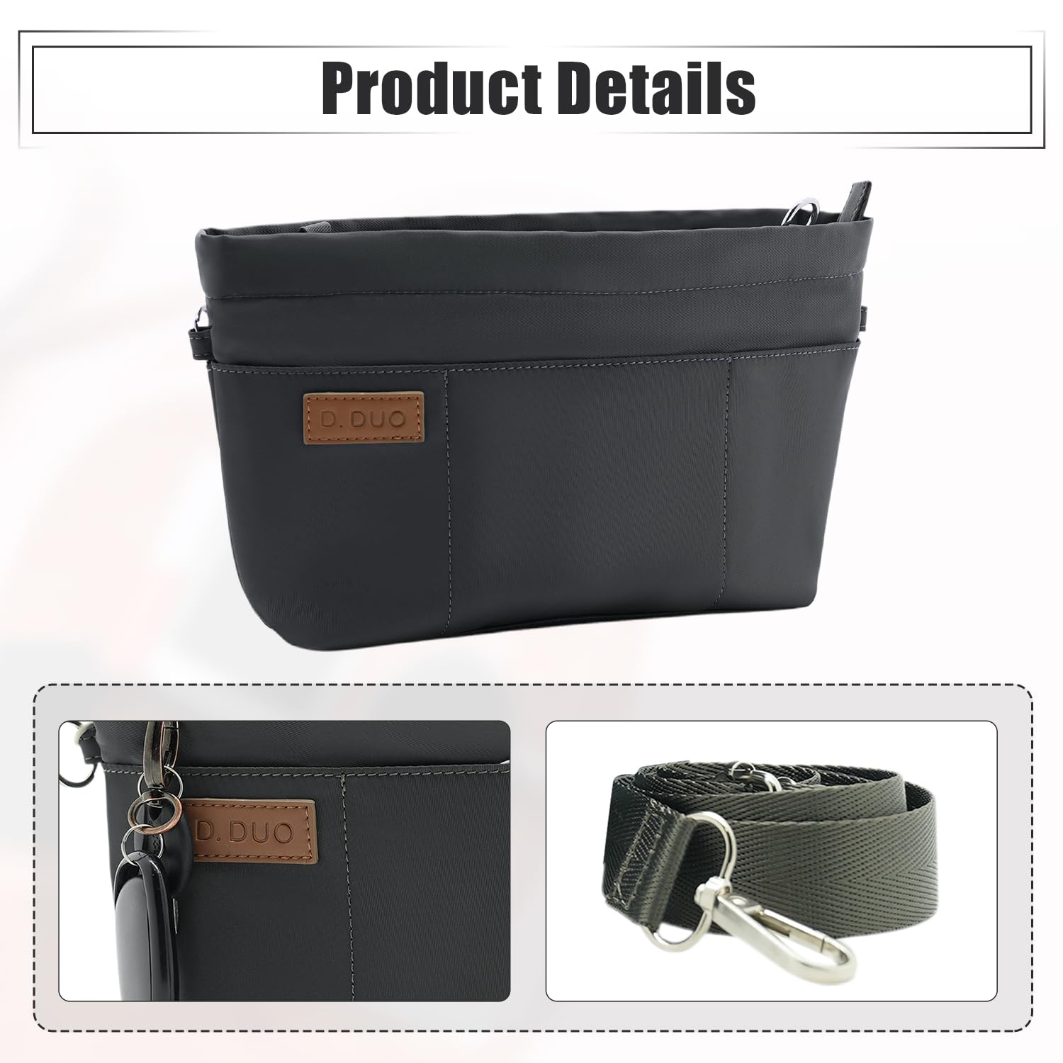 D.DUO Organizador de bolsos, bolso cruzado, organizador de bolsos con correa ajustable, insertos de nailon impermeables para bolsos (Gris oscuro, XL)
